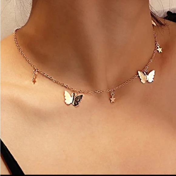Gold Butterflies And Stars Choker Chain Necklace - Picture 2 of 7
